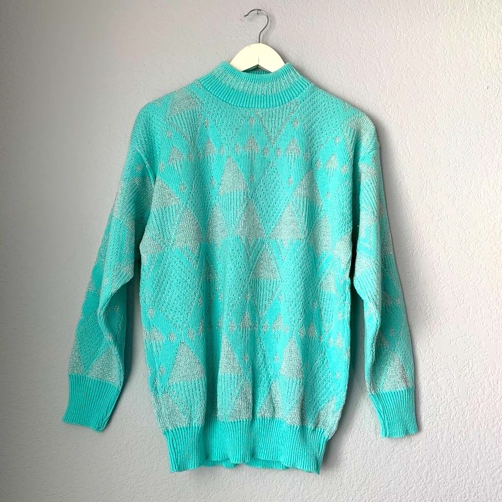 VINTAGE Mint Blue Christmas Ski Sweater Silver Winter Holiday Sweater Sparkly